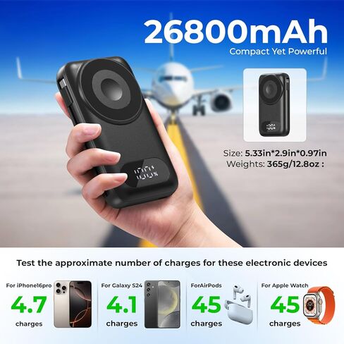 SHENMZ Magnetic Portable Charger 26800mAh for iPhone 17/16/15/14/13/12 with Built-in Cables， iWatch Charger，Wireless Power Bank for Apple Watch and for airpods,Galaxy, Android Phones(Black) in Kuwait