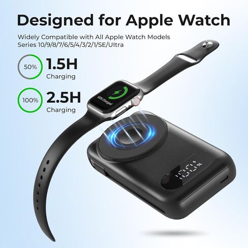 SHENMZ Magnetic Portable Charger 26800mAh for iPhone 17/16/15/14/13/12 with Built-in Cables， iWatch Charger，Wireless Power Bank for Apple Watch and for airpods,Galaxy, Android Phones(Black) in Kuwait