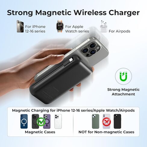 SHENMZ Magnetic Portable Charger 26800mAh for iPhone 17/16/15/14/13/12 with Built-in Cables， iWatch Charger，Wireless Power Bank for Apple Watch and for airpods,Galaxy, Android Phones(Black) in Kuwait