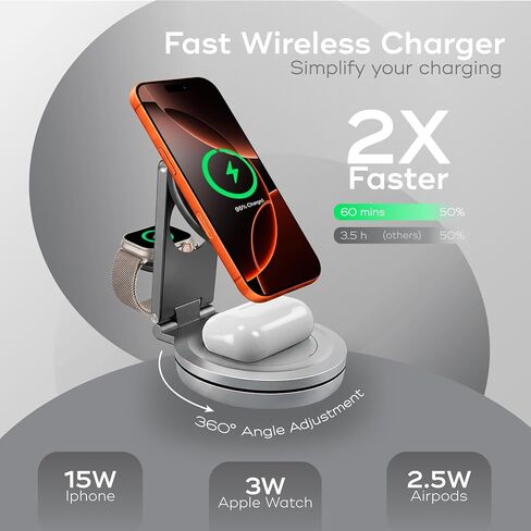 محطة شحن لاسلكية من الألومنيوم 3 في 1 لأجهزة iPhone 17/16/15/14 Pro Max وApple Watch وAirPods | قاعدة شحن سريعة قابلة للطي ومتوافقة مع MagSafe، وحامل شاحن بجانب السرير in Kuwait
