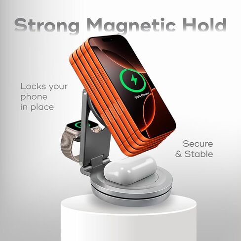 محطة شحن لاسلكية من الألومنيوم 3 في 1 لأجهزة iPhone 17/16/15/14 Pro Max وApple Watch وAirPods | قاعدة شحن سريعة قابلة للطي ومتوافقة مع MagSafe، وحامل شاحن بجانب السرير in Kuwait