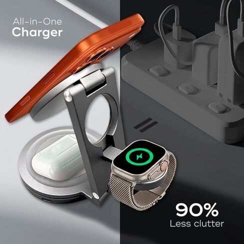 محطة شحن لاسلكية من الألومنيوم 3 في 1 لأجهزة iPhone 17/16/15/14 Pro Max وApple Watch وAirPods | قاعدة شحن سريعة قابلة للطي ومتوافقة مع MagSafe، وحامل شاحن بجانب السرير in Kuwait