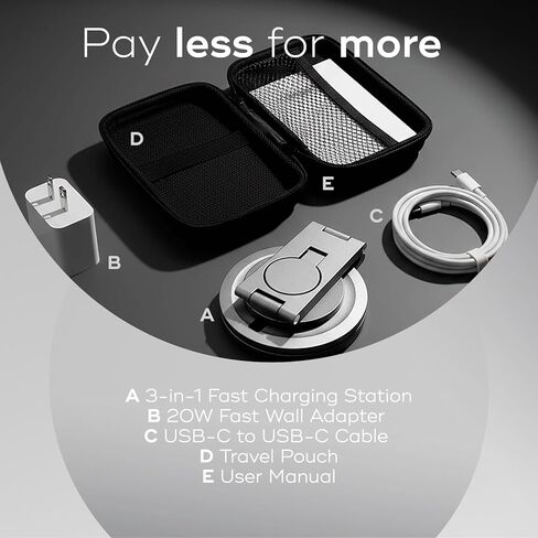 محطة شحن لاسلكية من الألومنيوم 3 في 1 لأجهزة iPhone 17/16/15/14 Pro Max وApple Watch وAirPods | قاعدة شحن سريعة قابلة للطي ومتوافقة مع MagSafe، وحامل شاحن بجانب السرير in Kuwait