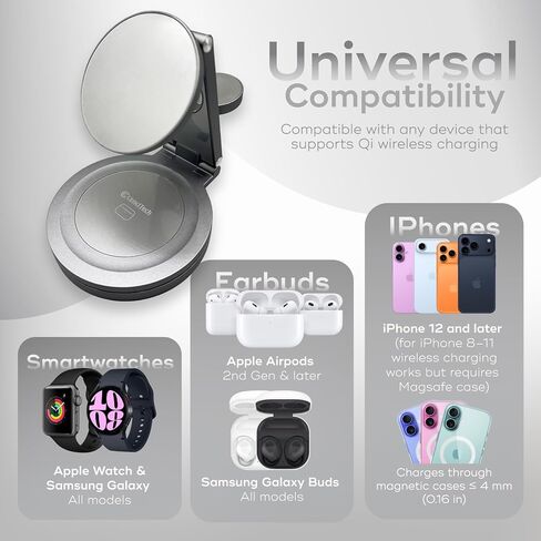 محطة شحن لاسلكية من الألومنيوم 3 في 1 لأجهزة iPhone 17/16/15/14 Pro Max وApple Watch وAirPods | قاعدة شحن سريعة قابلة للطي ومتوافقة مع MagSafe، وحامل شاحن بجانب السرير in Kuwait