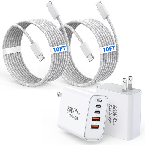 شاحن 60W iPhone 17 16 15 Pro شحن سريع، 2 حزمة 10FT 5 منافذ USB C شاحن فائق السرعة كتلة شحن طويلة 10 أقدام كابل منسوج USBC سلك لـ iPhone 17/17 Air/17 Pro Max/16e/16/15/15 Pro Max، iPad Pro in Kuwait