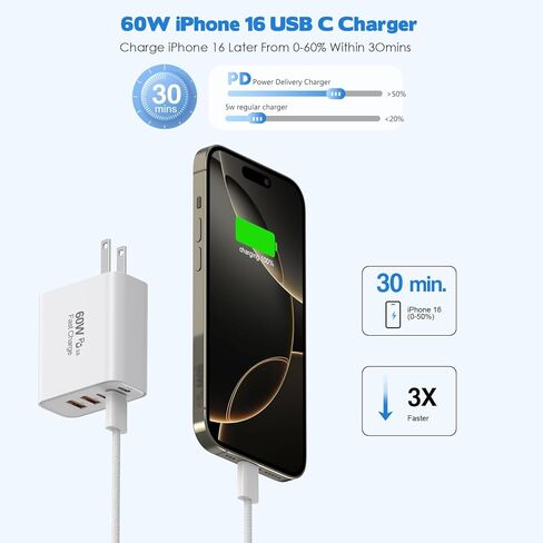 شاحن 60W iPhone 17 16 15 Pro شحن سريع، 2 حزمة 10FT 5 منافذ USB C شاحن فائق السرعة كتلة شحن طويلة 10 أقدام كابل منسوج USBC سلك لـ iPhone 17/17 Air/17 Pro Max/16e/16/15/15 Pro Max، iPad Pro in Kuwait