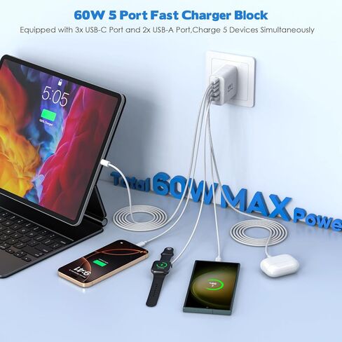 شاحن 60W iPhone 17 16 15 Pro شحن سريع، 2 حزمة 10FT 5 منافذ USB C شاحن فائق السرعة كتلة شحن طويلة 10 أقدام كابل منسوج USBC سلك لـ iPhone 17/17 Air/17 Pro Max/16e/16/15/15 Pro Max، iPad Pro in Kuwait