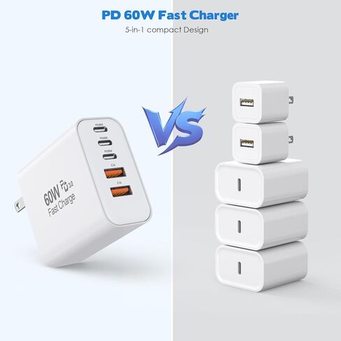 شاحن 60W iPhone 17 16 15 Pro شحن سريع، 2 حزمة 10FT 5 منافذ USB C شاحن فائق السرعة كتلة شحن طويلة 10 أقدام كابل منسوج USBC سلك لـ iPhone 17/17 Air/17 Pro Max/16e/16/15/15 Pro Max، iPad Pro in Kuwait