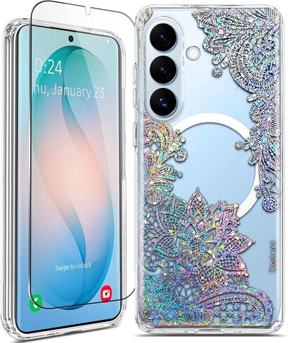 حافظة مغناطيسية لهاتف Samsung Galaxy S26 Ultra، متوافقة مع MagSafe، لطيفة للنساء والفتيات، غطاء حماية من الدرجة العسكرية بطول 10 أقدام لهاتف Galaxy S26 Ultra لامعة، دانتيل شفاف لامع ماندالا in Kuwait
