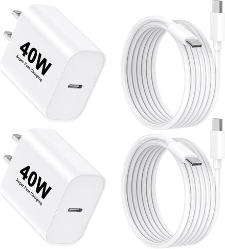 شاحن من النوع C شحن سريع لهاتف iPhone 17، [معتمد من Apple MFi] 2 حزمة شاحن حائط USB C بقدرة 40 وات مع سلك شحن USB C إلى C بطول 10 أقدام لهاتف iPhone 17/17Air/17Pro Max/16 Pro Max/16Pro/15 ProMax in Kuwait