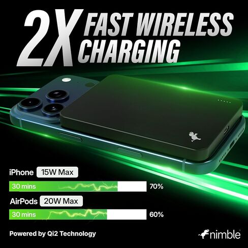 شاحن محمول Nimble Champ Wireless 5K للجزء الخلفي من الهاتف، بنك طاقة لاسلكي مغناطيسي بقدرة 5000 مللي أمبير في الساعة، شحن سريع معتمد من Qi2، حزمة بطارية رفيعة متوافقة مع MagSafe لسلسلة iPhone 17/16/15/14 in Kuwait