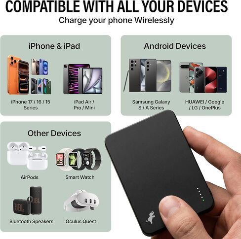 شاحن محمول Nimble Champ Wireless 5K للجزء الخلفي من الهاتف، بنك طاقة لاسلكي مغناطيسي بقدرة 5000 مللي أمبير في الساعة، شحن سريع معتمد من Qi2، حزمة بطارية رفيعة متوافقة مع MagSafe لسلسلة iPhone 17/16/15/14 in Kuwait