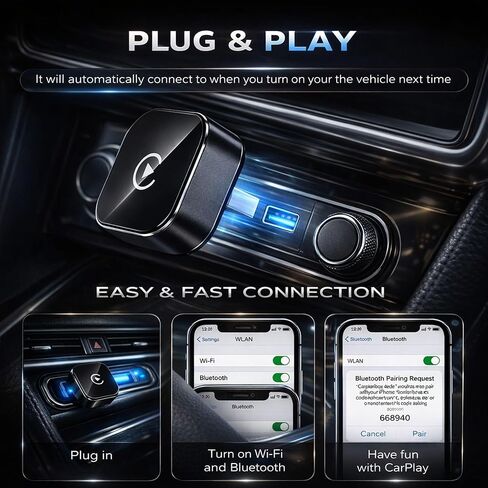 محول CarPlay اللاسلكي لجهاز iPhone، يحول السلكي إلى CarPlay اللاسلكي، التوصيل والتشغيل USB Dongle، اتصال تلقائي سريع، زمن استجابة منخفض، متوافق مع iOS وFactory CarPlay Cars in Kuwait