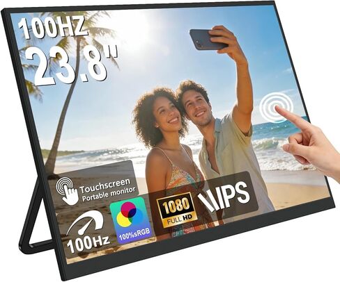 شاشة لمس محمولة كبيرة مقاس 23.8 بوصة من QQU، 1080P 100 هرتز FHD 100% sRGB USB-C HDMI مكبرات صوت للشاشة الثانية للألعاب المنزلية مع حامل 120 درجة وشاشة سفر VESA لأجهزة الكمبيوتر المحمول وأجهزة MacBook والكمبيوتر الشخصي والهاتف والكمبيوتر اللوحي والمحول in Kuwait