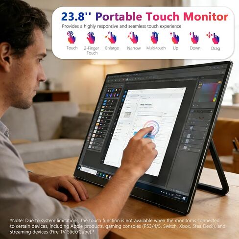 شاشة لمس محمولة كبيرة مقاس 23.8 بوصة من QQU، 1080P 100 هرتز FHD 100% sRGB USB-C HDMI مكبرات صوت للشاشة الثانية للألعاب المنزلية مع حامل 120 درجة وشاشة سفر VESA لأجهزة الكمبيوتر المحمول وأجهزة MacBook والكمبيوتر الشخصي والهاتف والكمبيوتر اللوحي والمحول in Kuwait