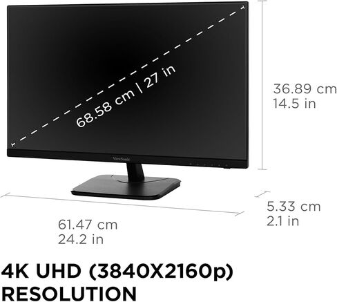 شاشة فيوسونيك VA2756-4K-MHD مقاس 27 بوصة IPS 4K مع حواف رفيعة للغاية ومدخل HDMI ومنفذ DisplayPort للمنزل والمكتب (متجددة) in Kuwait