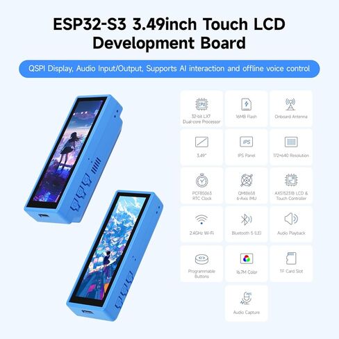 لوحة تطوير KLAYERS ESP32-S3، شاشة لمس IPS مقاس 3.49 بوصة، 172 × 640، ESP32-S3R8 ثنائي النواة، ميكروفون مزدوج، مستشعر 6 محاور، RTC، برنامج ترميز الصوت، بطاقة SD، النوع C، رأس 22PIN، النوع A in Kuwait