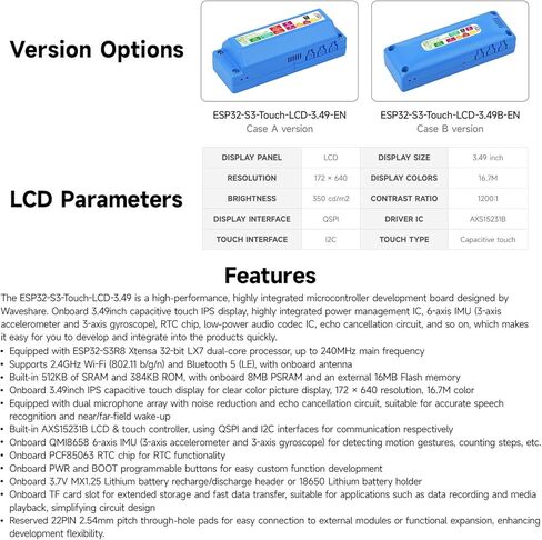 لوحة تطوير KLAYERS ESP32-S3، شاشة لمس IPS مقاس 3.49 بوصة، 172 × 640، ESP32-S3R8 ثنائي النواة، ميكروفون مزدوج، مستشعر 6 محاور، RTC، برنامج ترميز الصوت، بطاقة SD، النوع C، رأس 22PIN، النوع A in Kuwait
