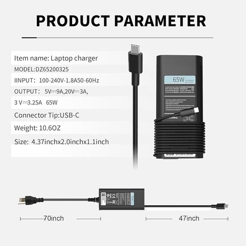 شاحن كمبيوتر محمول USB من النوع C بقدرة 65 وات لشاحن Dell USB C، شاحن كمبيوتر محمول Dell لأجهزة Latitude 5420 7420 5520، Inspiron 16 7620 2 في 1، XPS 12 9520، XPS 13 9350 LA65NM190 HA65NM190 LA65NM170 in Kuwait