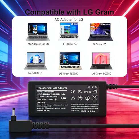 65W Round Tip Travel Charger Replacement for LG Gram 17 15 14 13.3 Laptop Model 13Z970 13Z975 13Z980 14Z970 14Z980 14Z960 15Z975 15Z980 15Z970 17Z995 17Z990 Adapter Power Cord in Kuwait