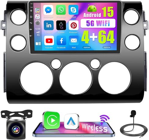 ستيريو سيارة Android 15 لسيارة Toyota FJ Cruiser 2007-2018، شاشة لمس عالية الدقة 9 بوصات لسيارة FJ Cruiser، CarPlay اللاسلكي/Android Auto، 5G WiFi، Bluetooth 5.0، 32EQ، 1280 * 720، 4+64G + كاميرا احتياطية in Kuwait