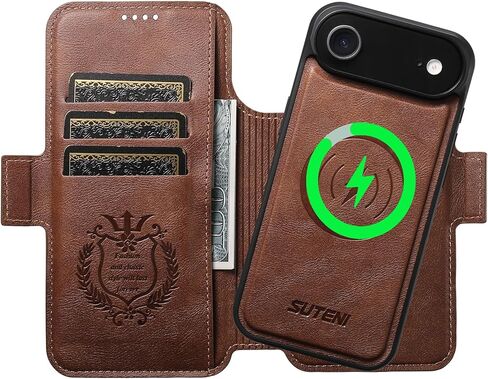 Detachable Wallet Case for iPhone 17 Pro Max,Magnetic Leather cover 2in1 Flip Design Compatible with MagSafe Wireless Charging, 3 Card Slots & Kickstand, 360° Military Shockproof, Spliced Brown in Kuwait