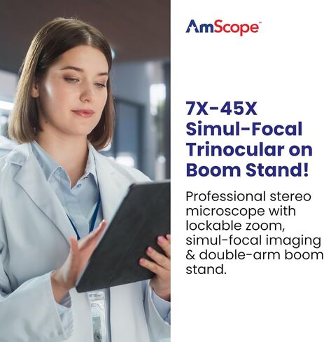 AmScope - SM-4NTP 7X-45X مجهر تكبير ستريو بؤري قابل للقفل على حامل مزدوج الذراع in Kuwait