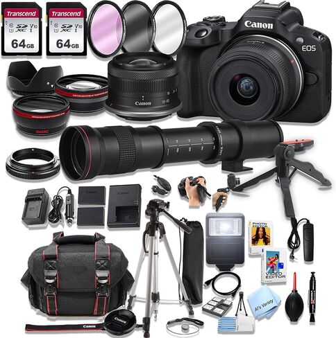 Canon EOS R50 Mirrorless Camera18-45mm Lens+ 420-800mm Super Telephoto Lens + 128GB Memory, LED Light, Microphone, Spare Battery, Filters,Case, Tripod, and More (46pc Video Bundle) (Renewed) in Kuwait