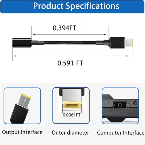 كابل محول USB C إلى طرف نحيف، 100 وات 5A نوع C أنثى PD مدخل إلى كابل شحن الطاقة المستطيل ذو الطرف النحيف لأجهزة الكمبيوتر المحمولة Lenovo ThinkPad in Kuwait