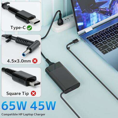 شاحن الكمبيوتر المحمول USB C الجديد النحيف 65 وات متوافق مع HP Envy x2 Spectre 12 13 X360 Chromebook Pavilion 12-B000 EliteBook G2 G5 G7 Elite x2 OmniBook X Type C سلك محول التيار المتردد (L43407-001) in Kuwait