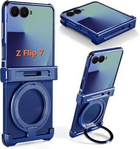 for Samsung Z Flip 6 Case with Hinge Protection Magnetic Ring Stand Rotatable, Z Flip6 Case Kickstand Slim Thin, Aluminum Shockproof Protective Phone Case for Galaxy Z Flip 6 2024 - Silver in Kuwait
