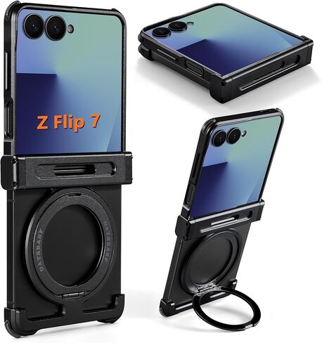 حافظة لهاتف سامسونج Z Flip 6 مع حامل حلقي مغناطيسي للحماية المفصلية، حافظة Z Flip6 بمسند نحيف، حافظة هاتف واقية مقاومة للصدمات من الألومنيوم لهاتف Galaxy Z Flip 6 2024 - فضي in Kuwait