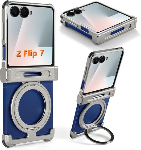 حافظة لهاتف سامسونج Z Flip 6 مع حامل حلقي مغناطيسي للحماية المفصلية، حافظة Z Flip6 بمسند نحيف، حافظة هاتف واقية مقاومة للصدمات من الألومنيوم لهاتف Galaxy Z Flip 6 2024 - فضي in Kuwait