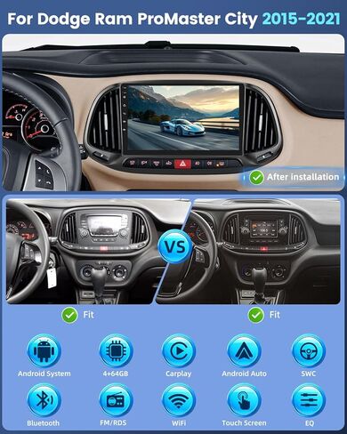 ستيريو سيارة 4+64G لسيارة Dodge Ram ProMaster City 2015-2021 مع Carplay لاسلكي/Android Auto - راديو بشاشة لمس 9 بوصة مع 32EQ DSP/5 جيجا هرتز WiFi/GPS Navigation/Mirror Link/SWC + AHD كاميرا الرؤية الخلفية in Kuwait