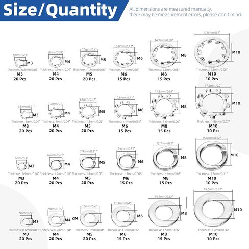 Glarks 400pcs#6#8#10 1/4 "5/16" 3/8 "غسالة النجوم الخارجية والداخلية وغسالة القفل المقسم مع مجموعة غسالات مسطحة ، 304 نجوم من الفولاذ المقاوم للصدأ وغسالات منقسم in Saudi Arabia