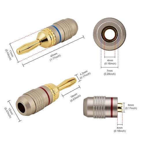AutCreation Premium 24k Gold Plated Banana Plugs - 4mm Pure Copper Speaker Wire Connectors, Screw-Free Quick Connect, Color Coded Red/Blue, 4 Pairs (8 Pieces) in Kuwait