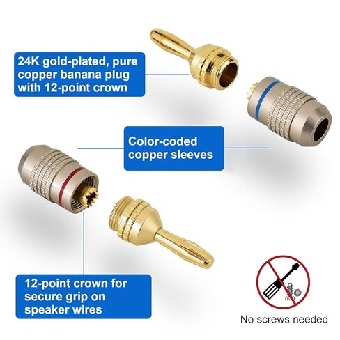 AutCreation Premium 24k Gold Plated Banana Plugs - 4mm Pure Copper Speaker Wire Connectors, Screw-Free Quick Connect, Color Coded Red/Blue, 4 Pairs (8 Pieces) in Kuwait