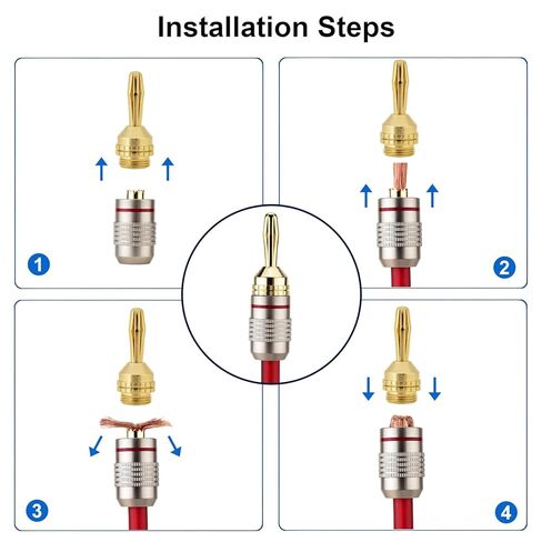 AutCreation Premium 24k Gold Plated Banana Plugs - 4mm Pure Copper Speaker Wire Connectors, Screw-Free Quick Connect, Color Coded Red/Blue, 4 Pairs (8 Pieces) in Kuwait