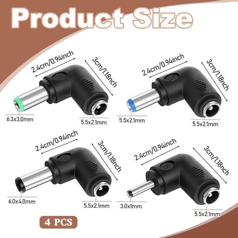 Right Angle Power Jack, 4PCS 90 Degree Right Angle Connector DC 5.5x2.1mm Female to 6.3x3.0/6.0x4.4/3.0x1.1mm, 5.5x2.1mm Female Jack to Male Plug Adapter in Kuwait