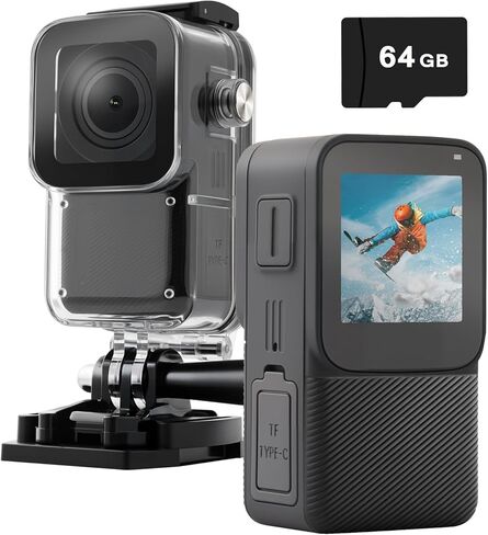 Waterproof Action Camera 5K/30FPS, Tiny EIS Thumb Underwater Camera 100FT with 1.3 Inch Touch Screen, 64GB Card, Accessories Kits, Sports Cam for Vlogging, Diving, Bike, Travel, Hiking in Kuwait