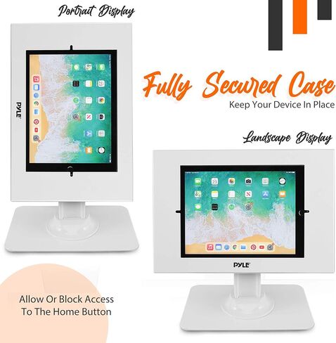 حامل أمان للكمبيوتر اللوحي مضاد للسرقة من Pyle - حامل كشك Ipad على سطح المكتب مع قفل وآلية مفاتيح، دوران 90 درجة وإمالة 75 درجة - iPad وiPad Air وiPad Pro وSamsung Galaxy Tab A (2021) PSPADLK18، أبيض in Kuwait