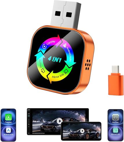 محول CarPlay اللاسلكي 4 في 1، 2026، النسخ المتطابق للشاشة المحدثة، يدعم رابط المرآة/AirPlay لـ Apple CarPlay وAndroid Auto، للسيارات ذات CarPlay السلكية، اتصال تلقائي سريع، التوصيل والتشغيل - برتقالي in Kuwait