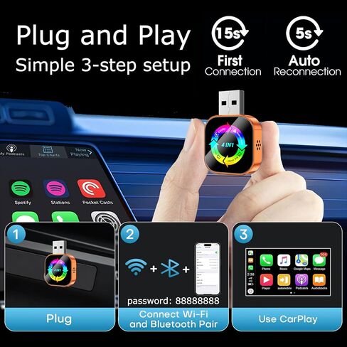 محول CarPlay اللاسلكي 4 في 1، 2026، النسخ المتطابق للشاشة المحدثة، يدعم رابط المرآة/AirPlay لـ Apple CarPlay وAndroid Auto، للسيارات ذات CarPlay السلكية، اتصال تلقائي سريع، التوصيل والتشغيل - برتقالي in Kuwait