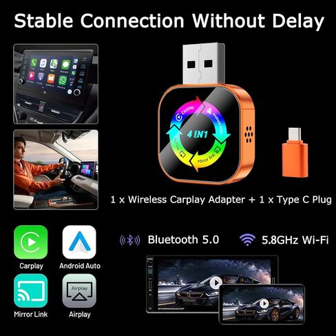 محول CarPlay اللاسلكي 4 في 1، 2026، النسخ المتطابق للشاشة المحدثة، يدعم رابط المرآة/AirPlay لـ Apple CarPlay وAndroid Auto، للسيارات ذات CarPlay السلكية، اتصال تلقائي سريع، التوصيل والتشغيل - برتقالي in Kuwait