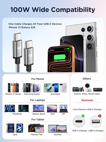 USB C to USB C Cable 100W Long USB C Cable 10FT Fast Charging Cord Type C Charger USBC to USBC Cable for Apple iPhone 17 16 15 Pro Max Plus,iPad Pro,MacBook Pro/Air,Samsung Galaxy S26 Ultra,CarPlay in Kuwait