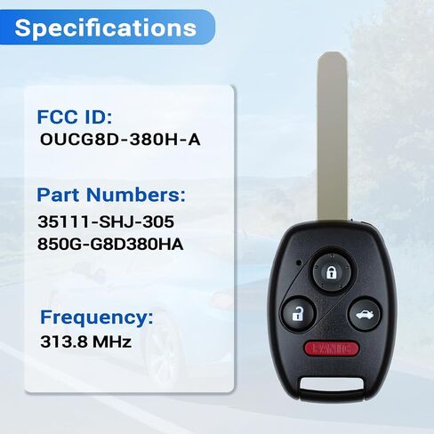 مفتاح فوب يناسب هوندا أكورد 2003 2004 2005 2006 2007 دخول بدون مفتاح التحكم عن بعد OUCG8D-380H-A 313.8 ميجا هرتز ، 2 قطعة in Kuwait