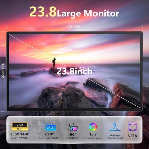 شاشة 23.8 بوصة 2.5K، شاشة محمولة QHD 1440P 180 هرتز، موسع شاشة كمبيوتر محمول IPS 178 درجة مع حامل دوار قابل للتعديل/VESA، USB-C/Type-C/USB-A/HDMI لأجهزة الكمبيوتر المحمول Mac PC Windows. in Kuwait