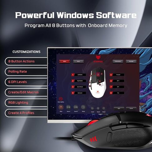 EvoFox Phantom 2 Programmable Gaming Mouse with 1000Hz Polling Rate | Ultra-Responsive 7000 FPS | Gaming Grade 12800 DPI | 10 Million clicks | RGB Lights | On-Board Memory | Windows Software | Black in Kuwait