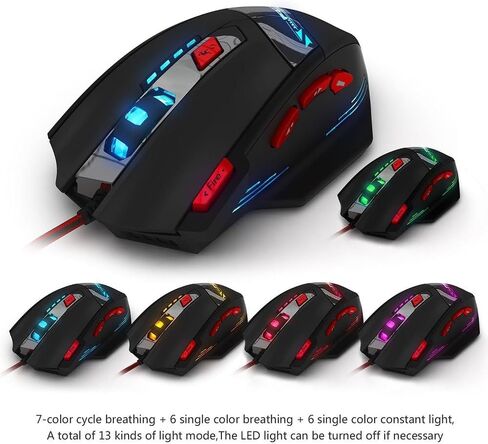 ماوس ألعاب سلكي من Zelotes، 8 أزرار قابلة للبرمجة، ماوس ألعاب MMO 9200DPI، أسود، LED، مريح، USB، PC، Mac، كمبيوتر محمول in Kuwait
