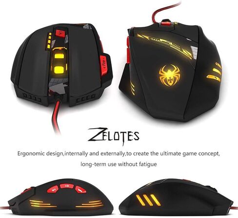 ماوس ألعاب سلكي من Zelotes، 8 أزرار قابلة للبرمجة، ماوس ألعاب MMO 9200DPI، أسود، LED، مريح، USB، PC، Mac، كمبيوتر محمول in Kuwait